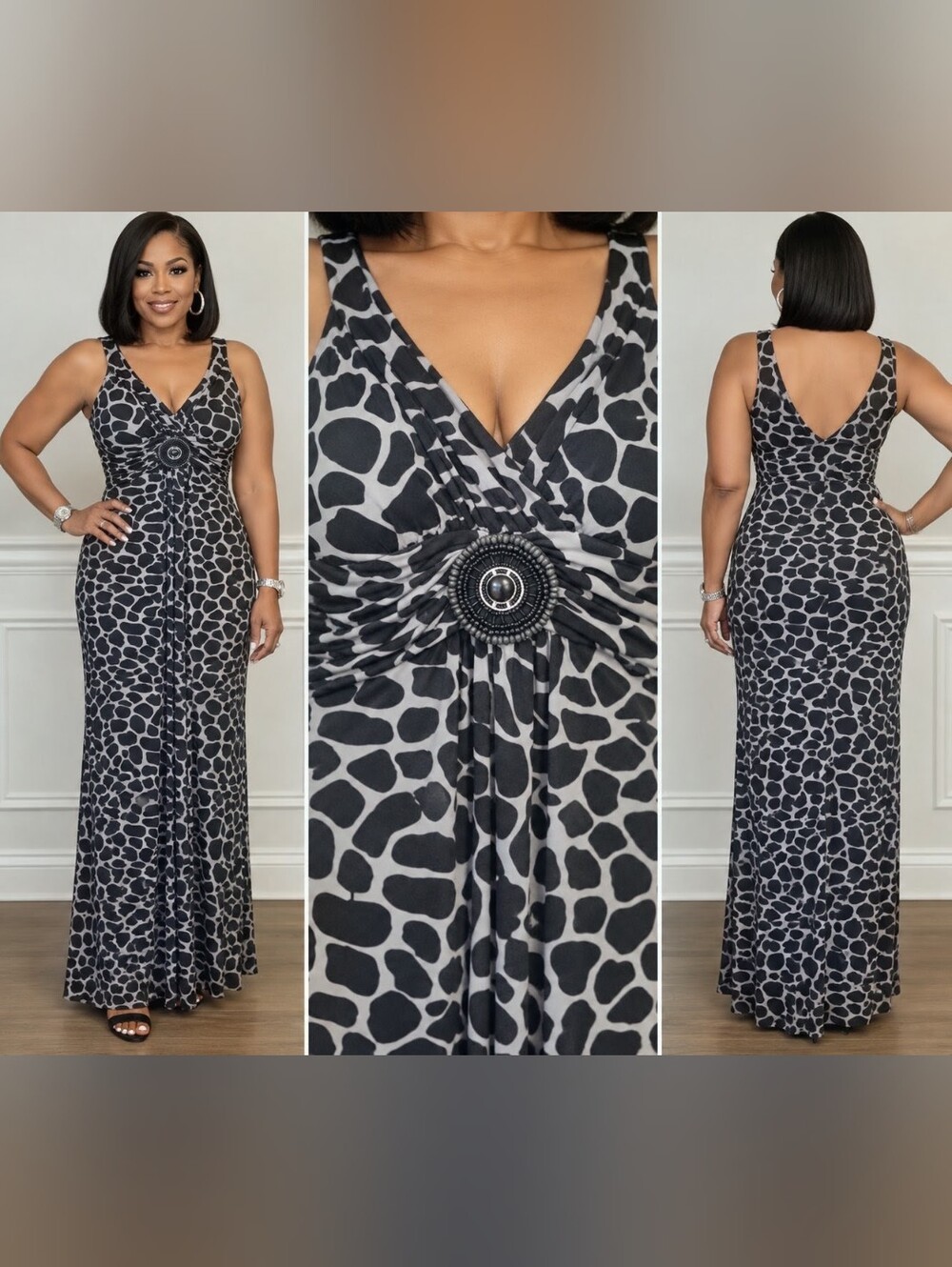 Enfocus Studio Black and Gray Print V‑Neck Maxi Dress